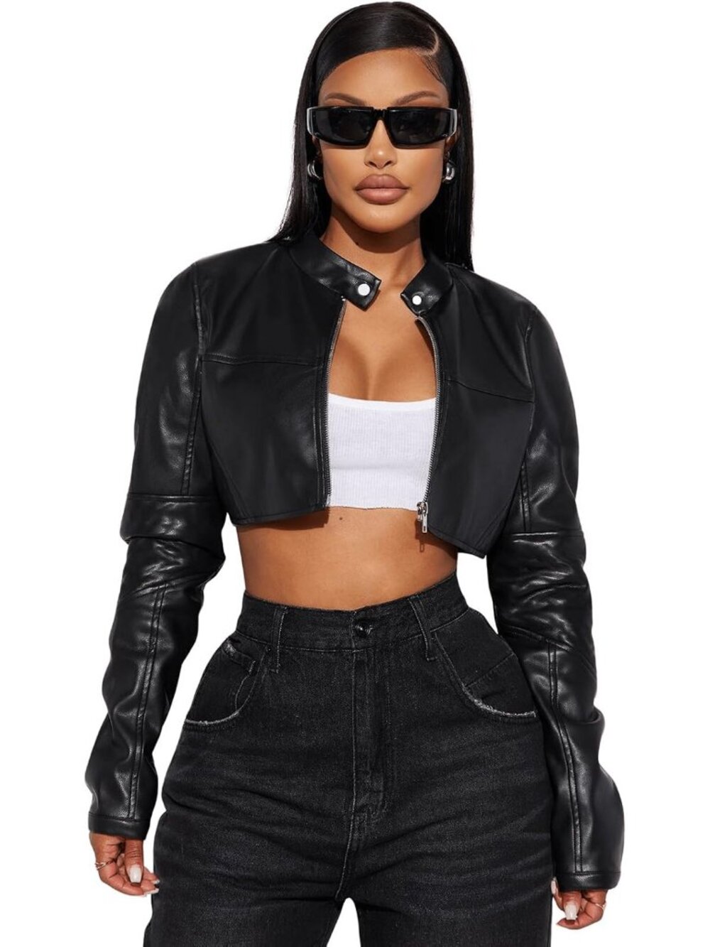 Women's Black Faux Leather Jacket Cropped Bomber Motorcycle Jacket Long Seeves